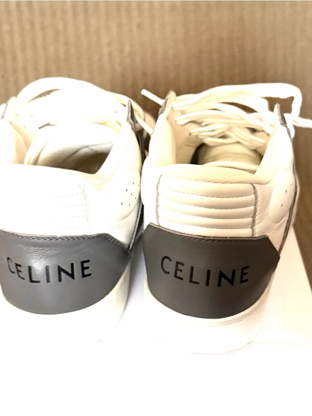 Celine White and Gray Leather Mid- Top Sneakers - Picture 3 of 7
